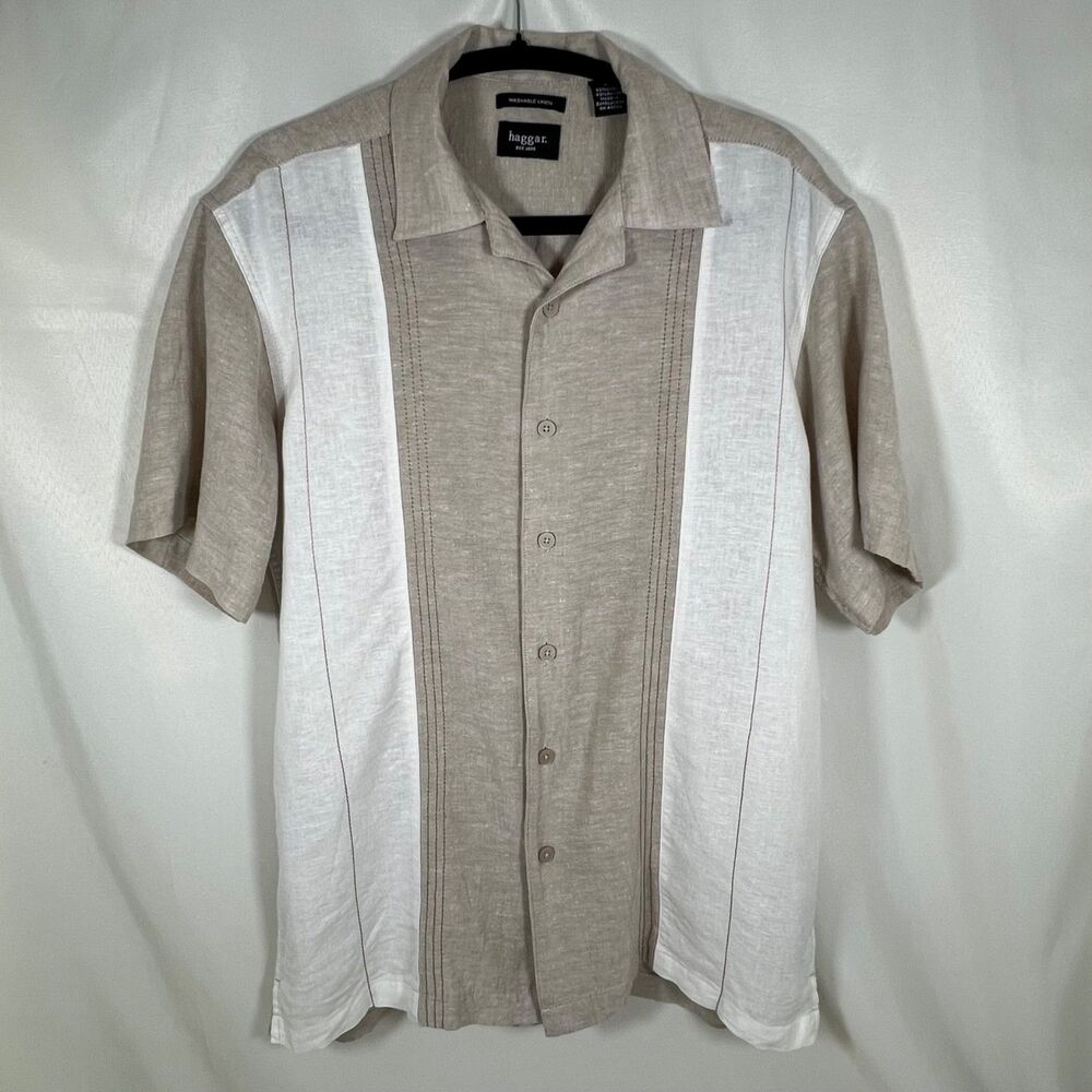 Haggar Linen Blend Button Up Shirt Mens M Tan White Resort Guayabera Style